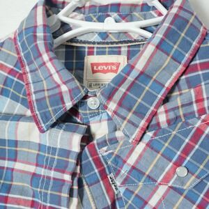 Levis Shirt Men's Medium Blue Pearl Snap Plaid‎ Modern Fit Short Sleeve Western